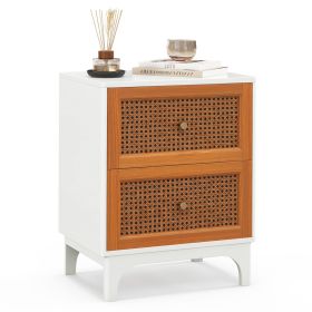 Boho Accent Table Nightstand with 2 Handwoven Rattan Decorated Drawers