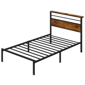 Twin Bed Frame: Industrial Platform Bed w/ Wood Headboard, Storage Shelves, LED lights, and Steel Slats, No Box Spring Needed, Easy Assembly