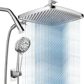 11.8 Inch Rain Shower Head with 6 Modes Handheld Water Spray High Pressure Showerhead Combo with 11 Inch Adjustable Extension Arm (Color: 4. Chrome  Wide 12)