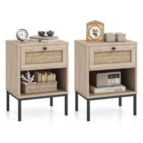 Rattan Nightstand Boho End Table with Rattan Drawer and Open Shelf Set of 2 (Color: Oak)
