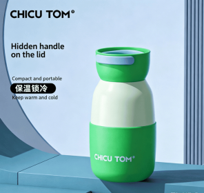 Mini Portable Vacuum Insulated Water Bottle, Built-in Handle Lid Double Wall Stainless Steel Thermal Cup (Style: Green 280ml ceramic inner liner)